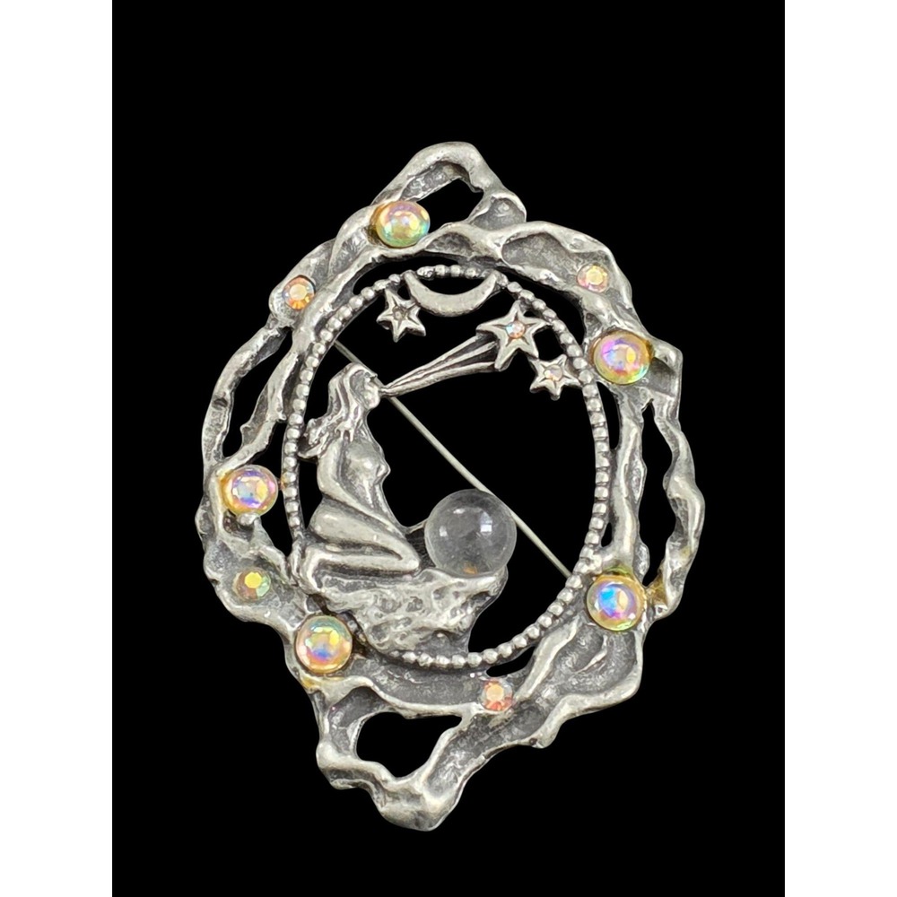 Vintage JJ Celestial Lady Star Gazer Silver Tone AB Stone Brooch Art Nouveau